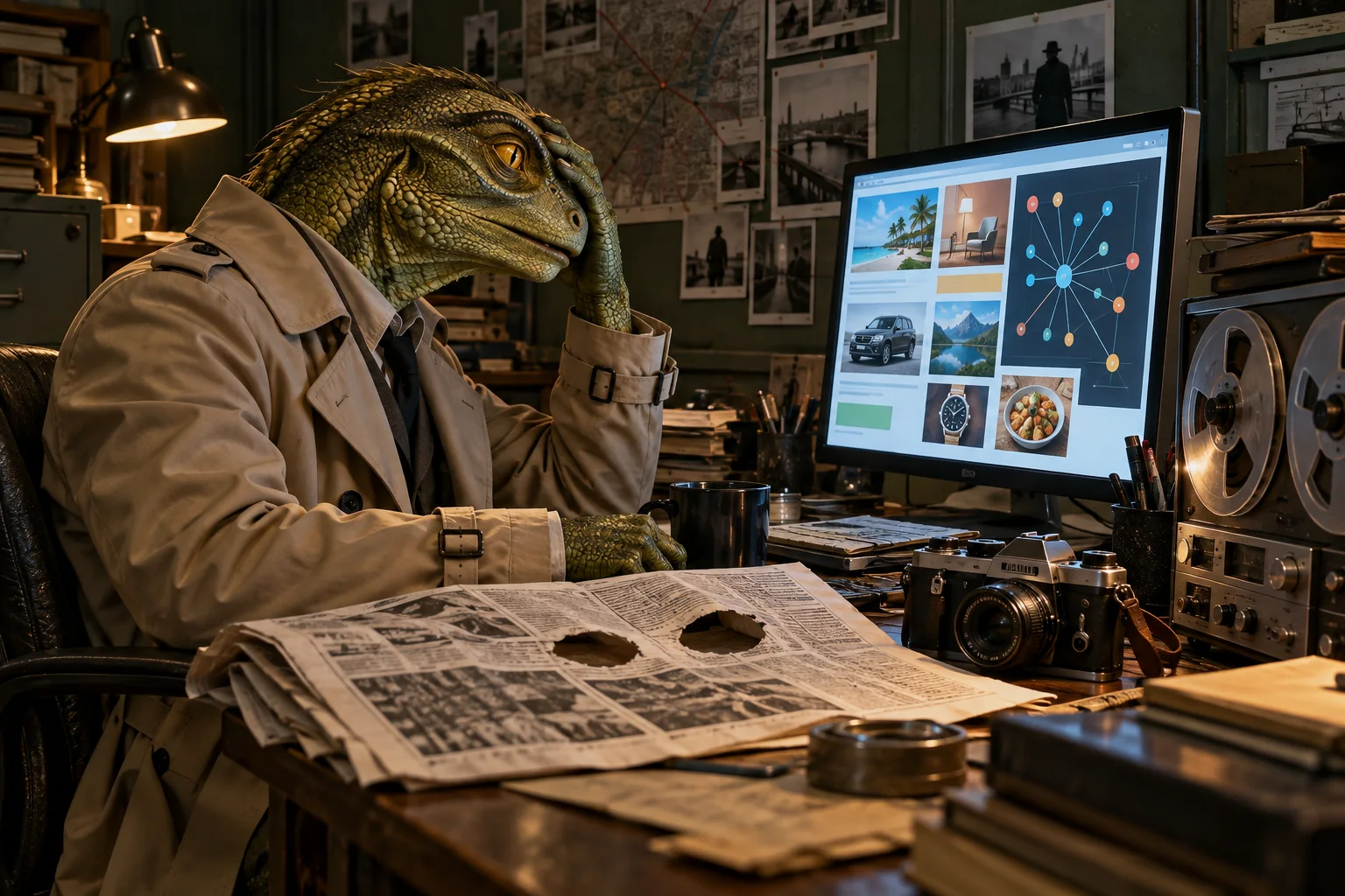 A reptilian spy studies an advertising dashboard beside a newspaper with eyeholes and old surveillance equipment.