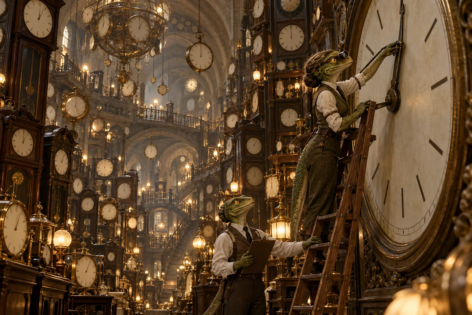 A reptilian horologist on a library ladder turns back the hand of an enormous clock in an underground hall filled with hundreds of clocks, while a clerk steadies the ladder.