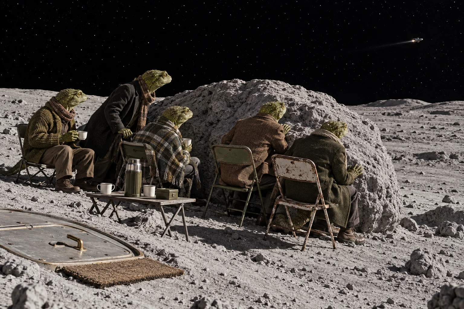 Reptilian residents in cardigans and scarves sit on folding chairs behind a boulder on the Moon, watching a distant spacecraft, beside a hatch door with a doormat set into the ground.