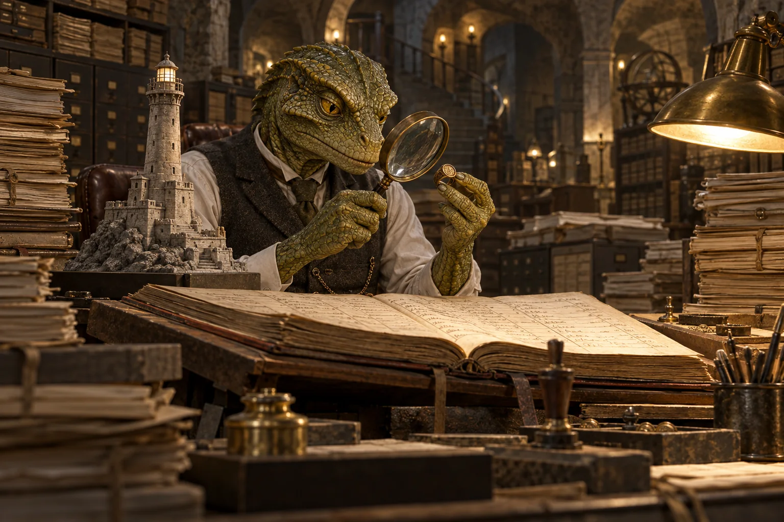 A reptilian archivist examines a bronze ring through a magnifying glass beside a lighthouse model, an open ledger and stacks of old files.