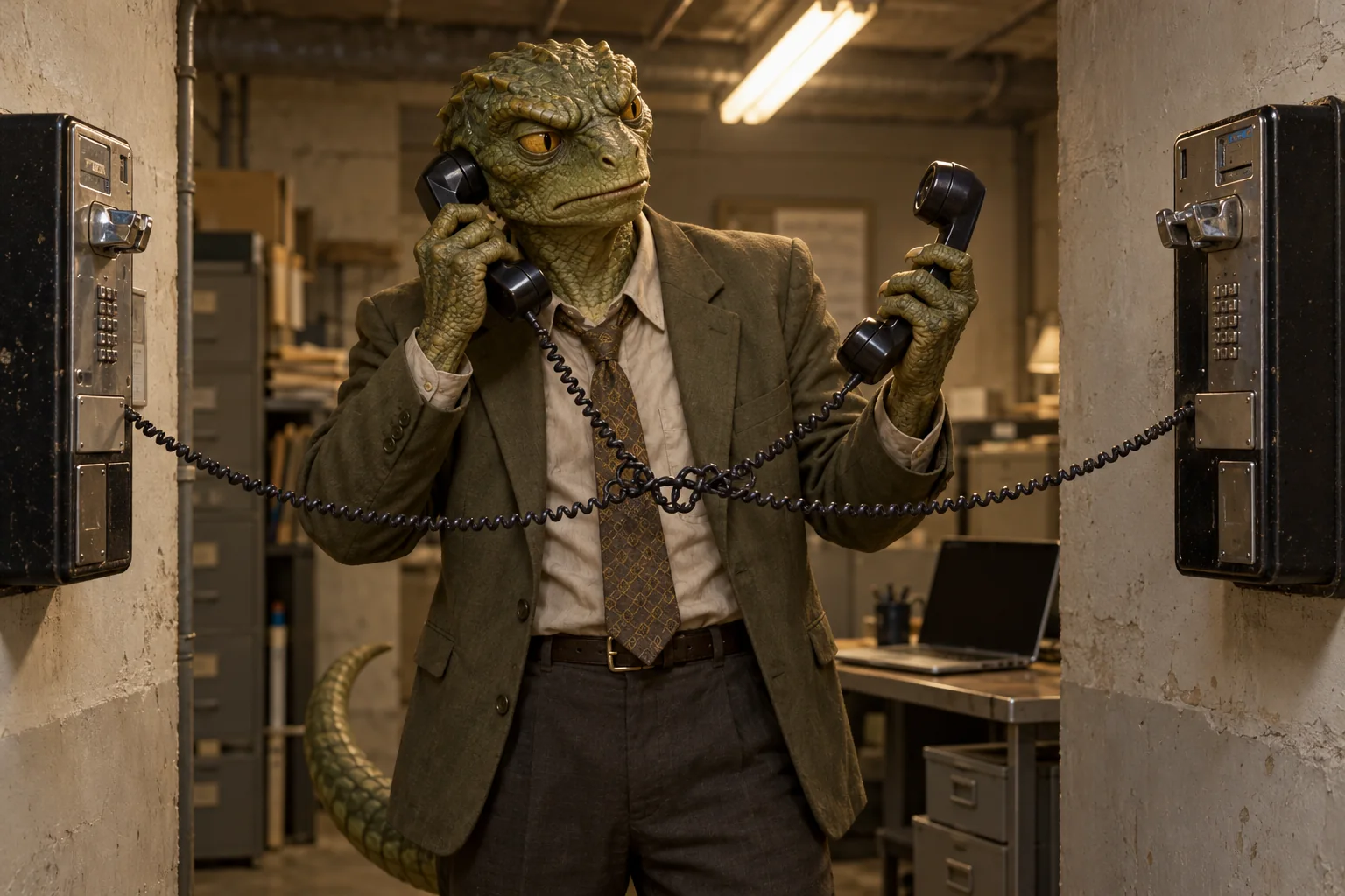 A puzzled reptilian official holds the receivers of two wall-mounted payphones, their coiled cords tangled across his suit.