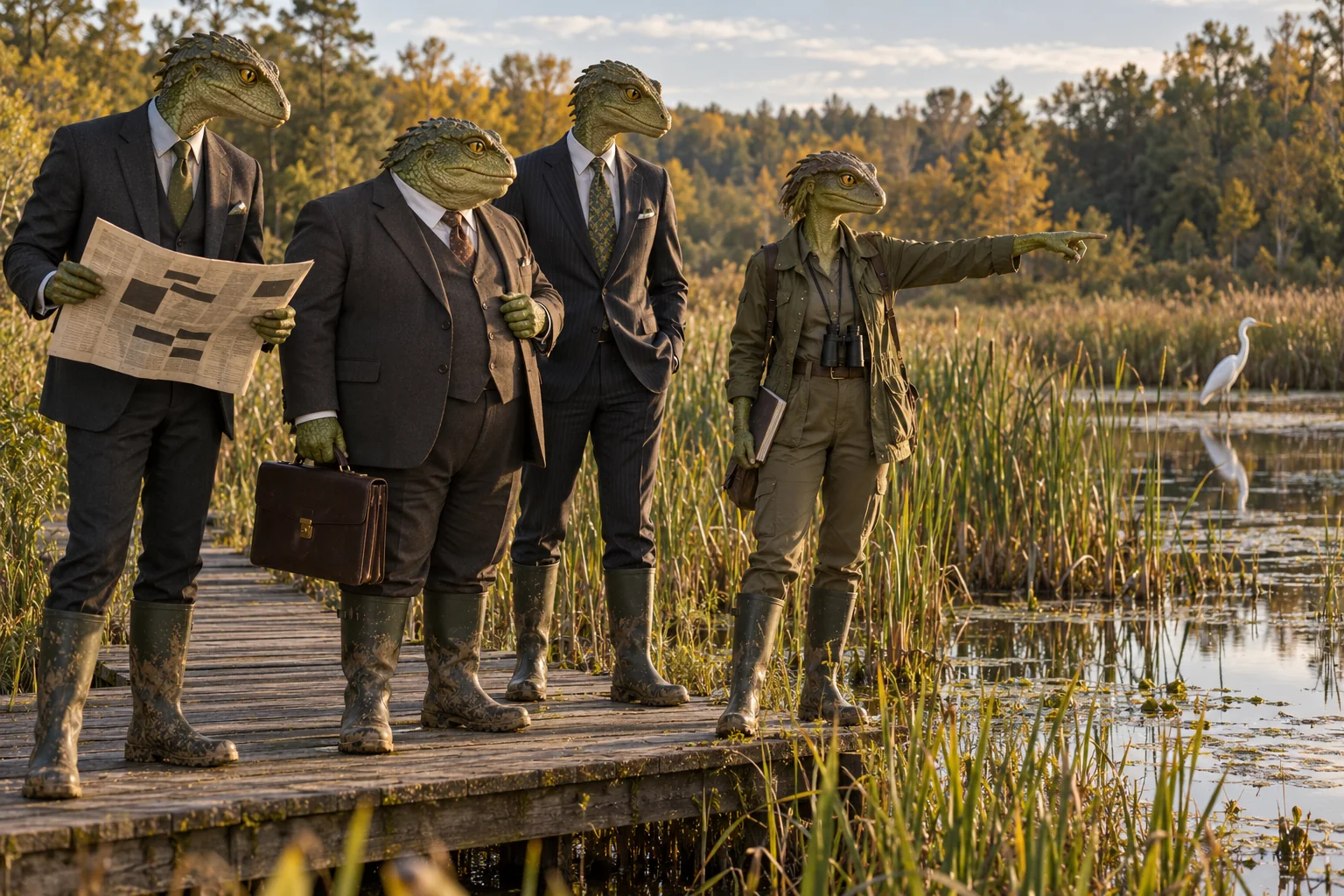 Reptilian diplomats in suits and muddy boots inspect a wetland with a field biologist and a redacted map.